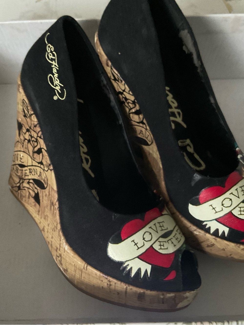 Ed Hardy Black and Red 'Love' Peep-Toe Wedge Heels